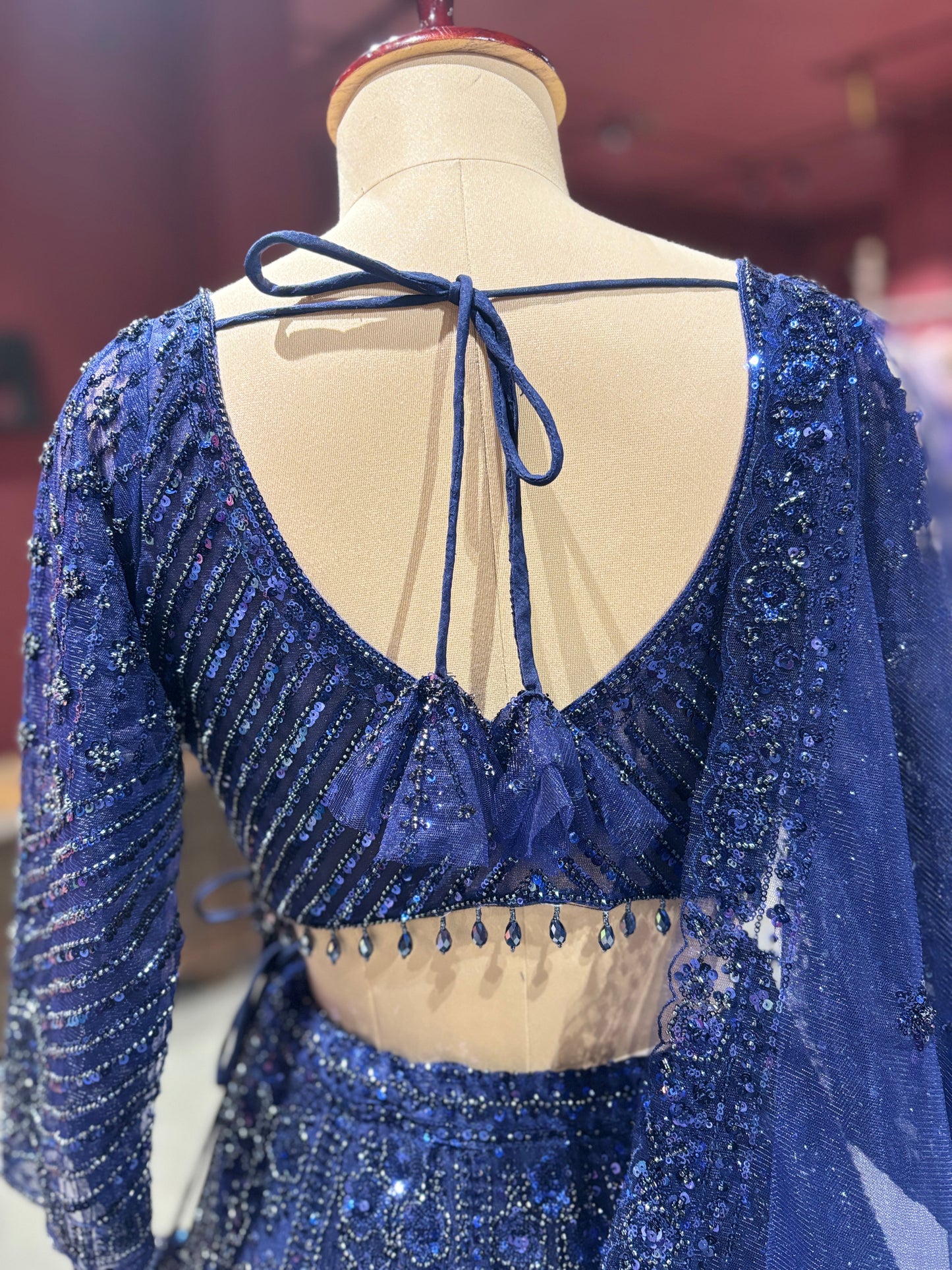Blue Sequin Embroidered Net Lehenga with Full-Sleeve Designer Blouse
