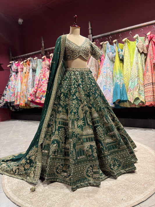 Green Zari Embroidered Lehenga with Architectural Motifs