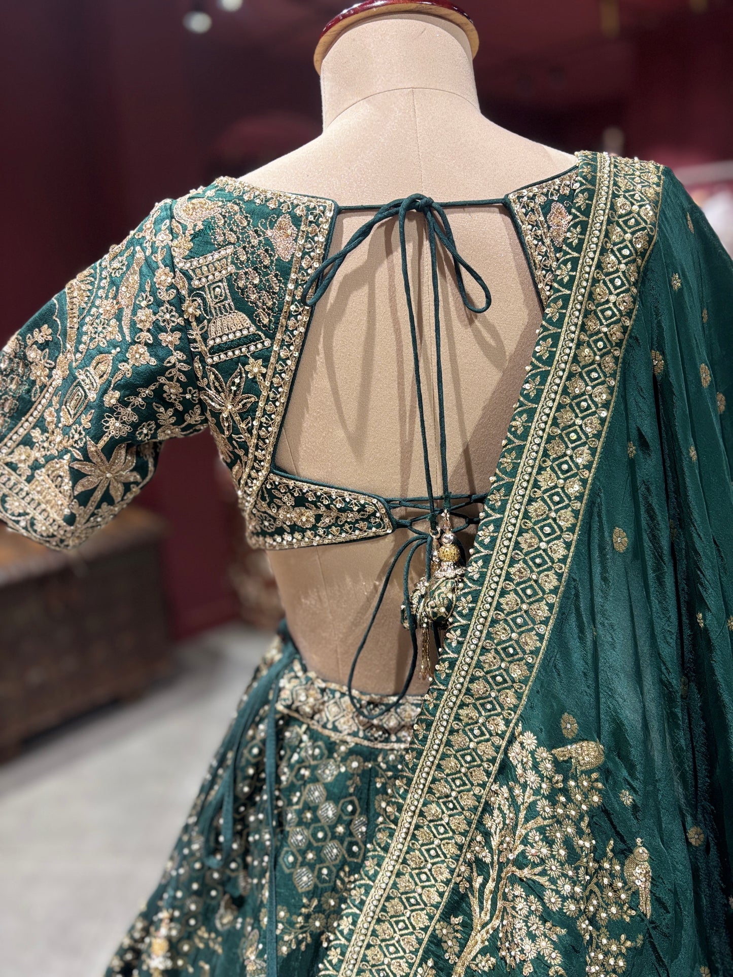 Green Zari Embroidered Lehenga with Architectural Motifs