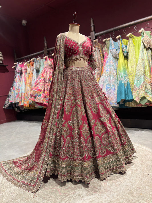 Rani Pink Heavy Zari Embroidered Designer Lehenga Set