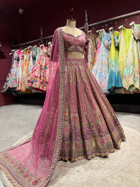 Rani Pink Heavy Zari Embroidered Designer Lehenga Set