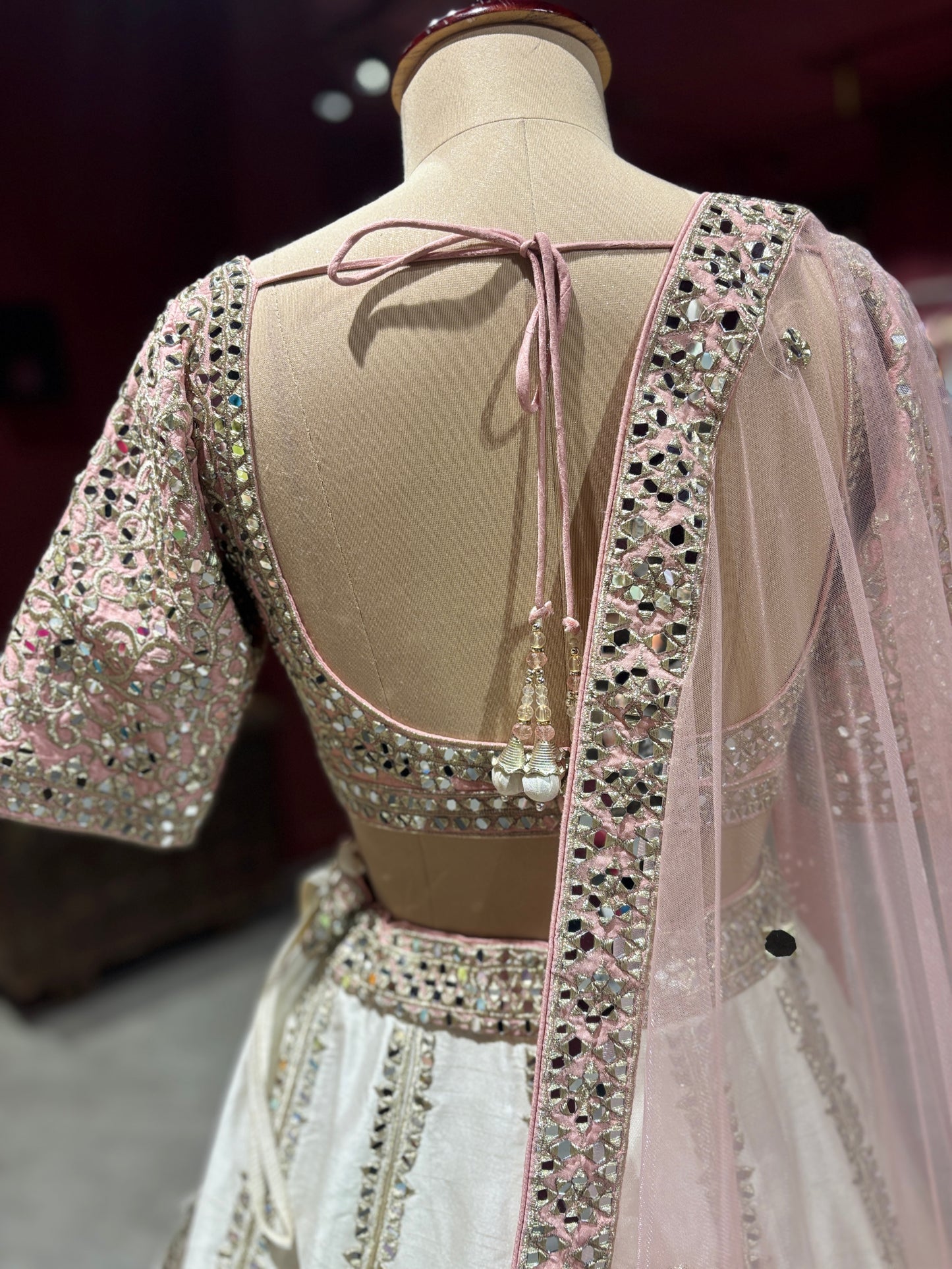 Ivory Mirror Work Lehenga with Blush Pink Blouse & Dupatta