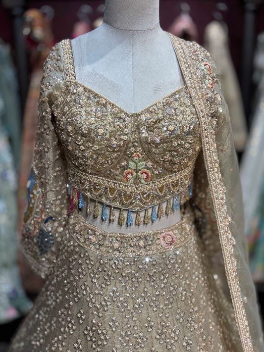 Champagne Gold Peacock Embellished Non Bridal Lehenga Set