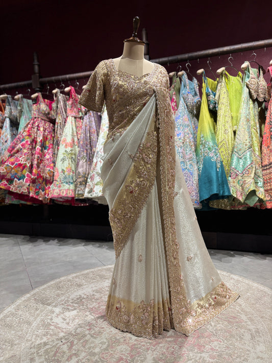 Designer Ivory Zari Embroidered Wedding Saree