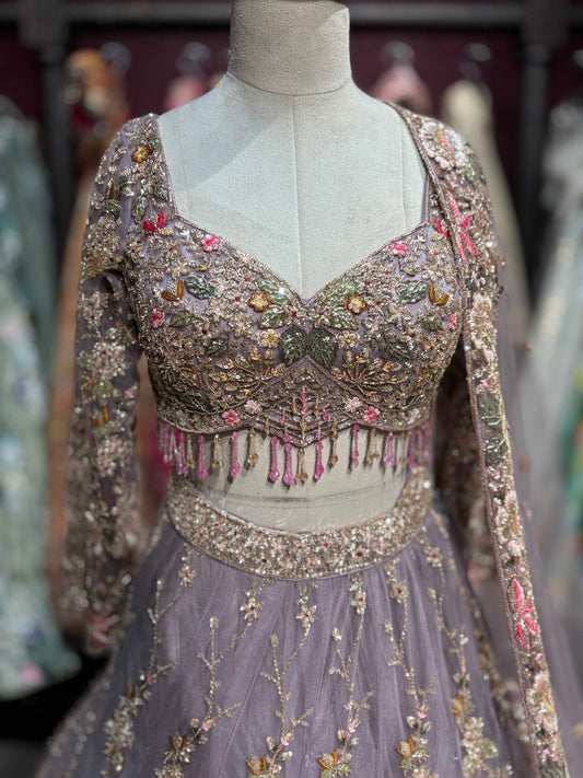 Dusty Mauve Floral Embroidered Designer Lehenga Set