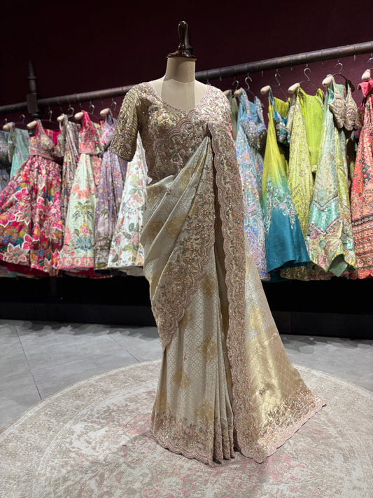 Golden Beige Designer Zari Embroidered Designer Saree