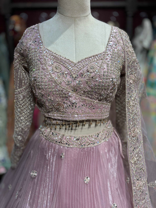 Powder Pink Embroidered Pleated Designer Lehenga Set