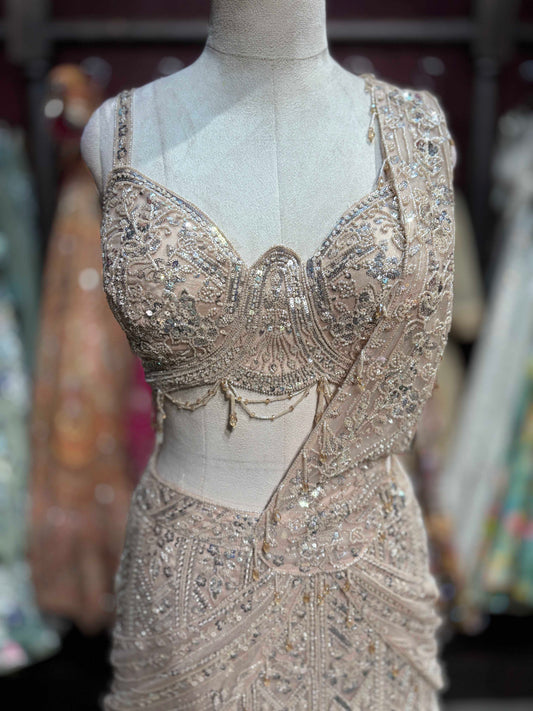 Champagne Gold Fish Cut Embroidered Designer Lehenga Set