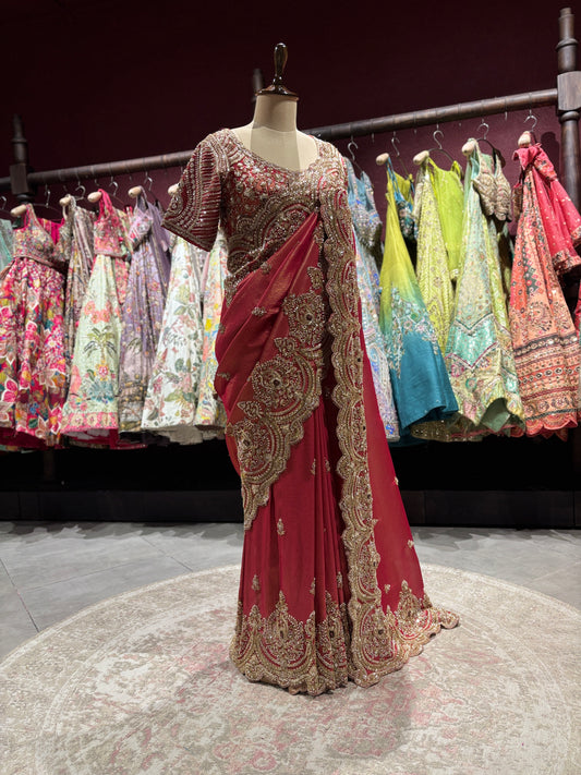 Designer Ruby Red Zari Embroidered Saree with designer Blouse