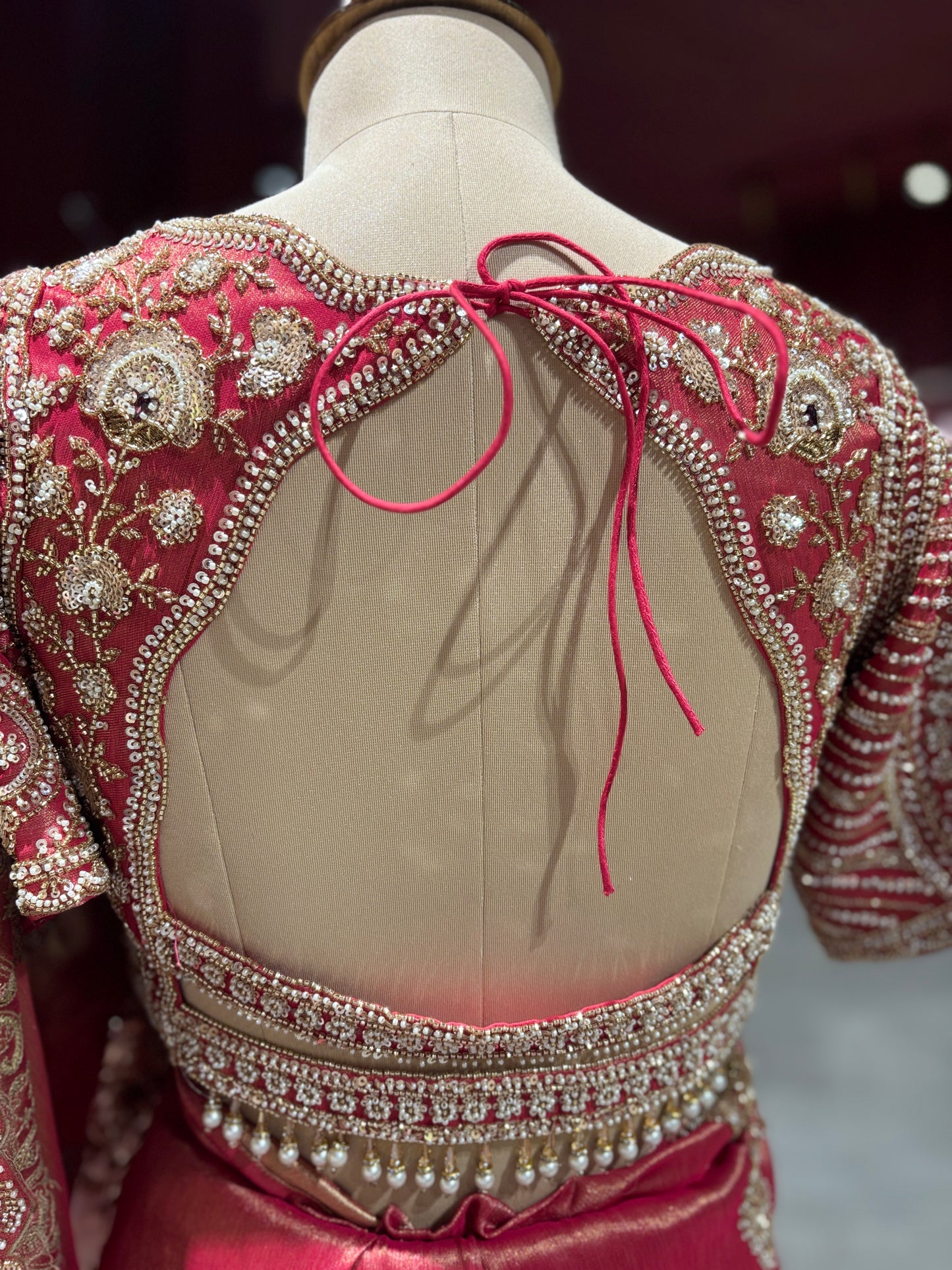 Designer Ruby Red Zari Embroidered Saree with designer Blouse