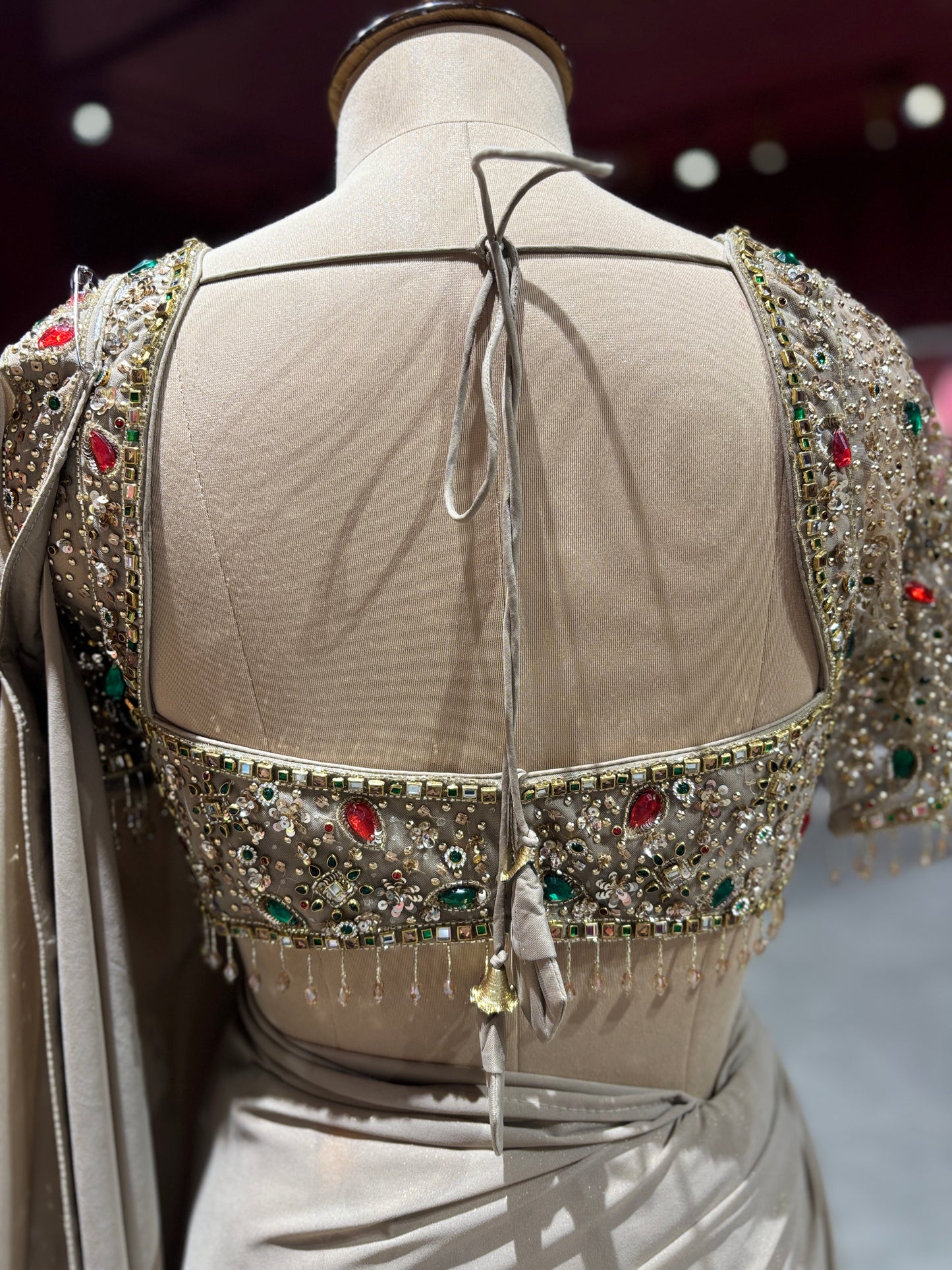 Beige Designer Saree with Stone & Mirror Work Border