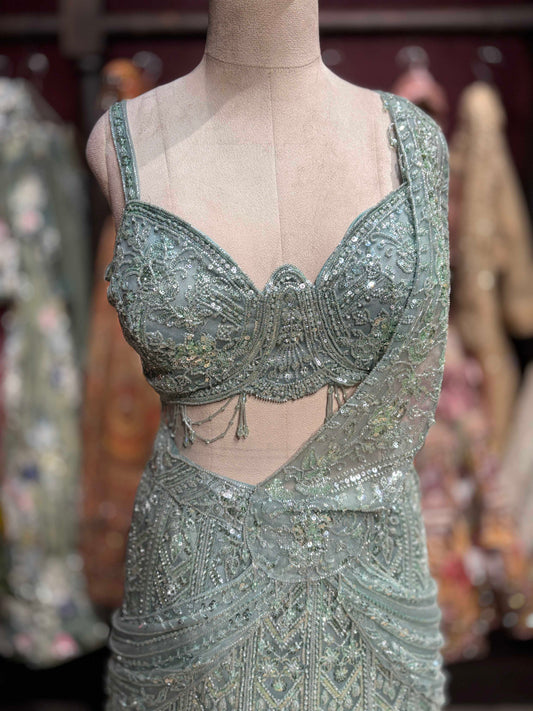 Sage Green Fish Cut Embroidered Designer Lehenga Set