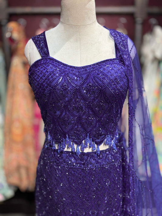 Royal Blue Sequin Embroidered Fish Cut Lehenga Set