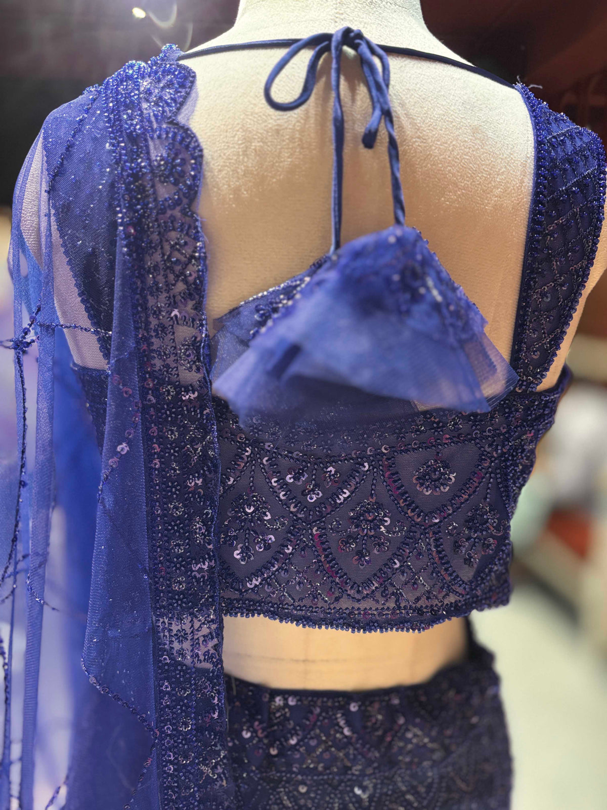Royal Blue Sequin Embroidered Fish Cut Lehenga Set