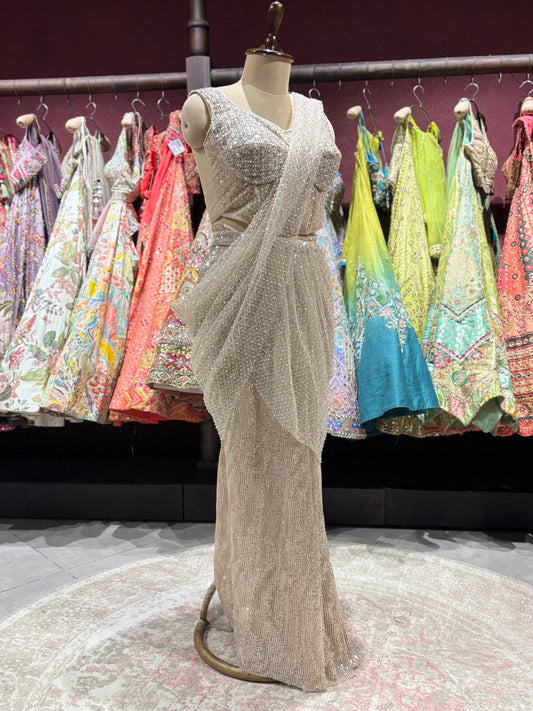 Champagne Gold Sequin Net Designer Party Wear Drape Saree