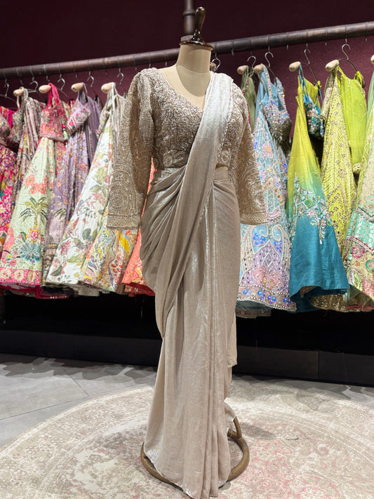 Champagne Beige Drape Saree with Embroidered Blouse