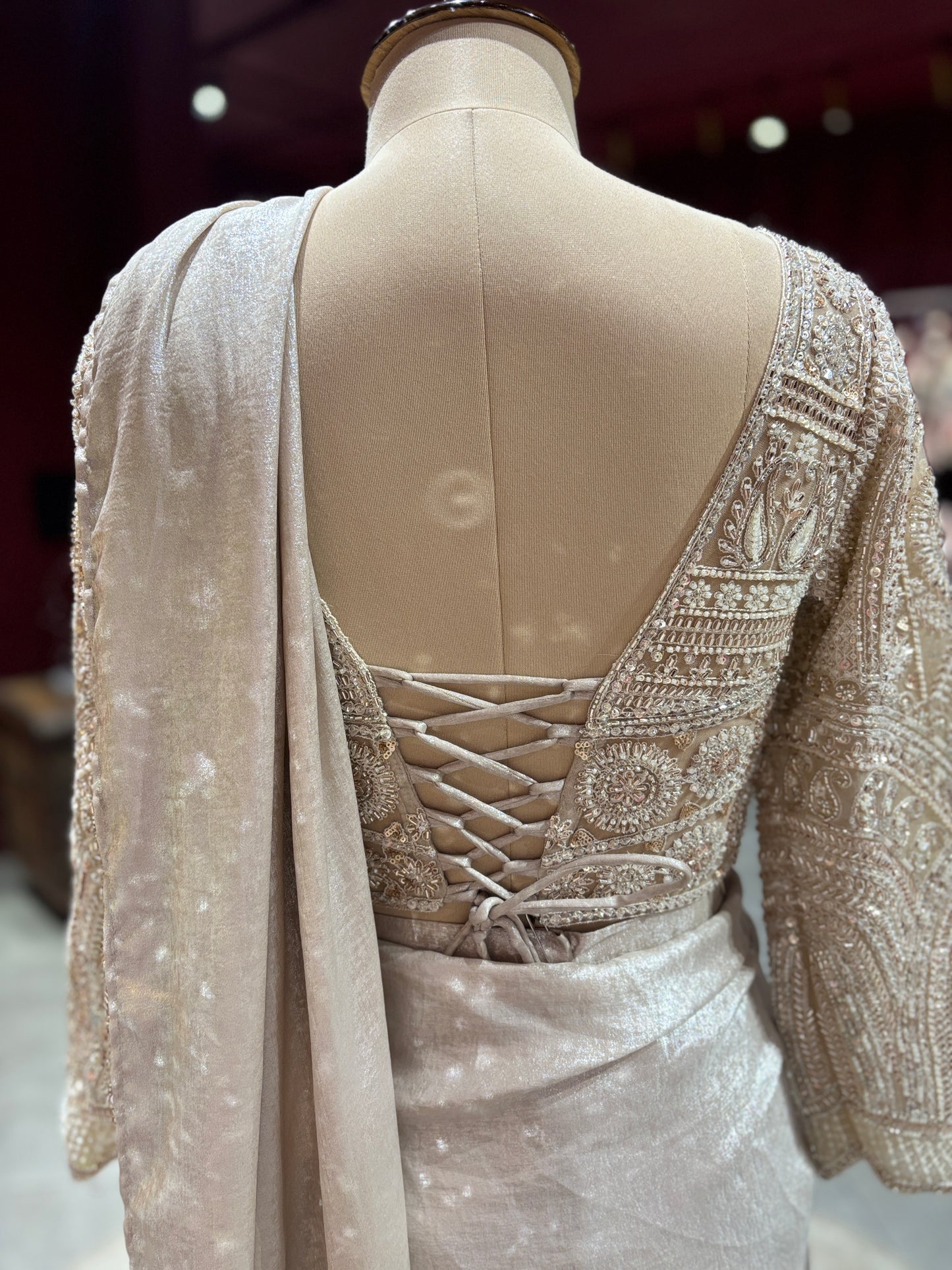 Champagne Beige Drape Saree with Embroidered Blouse