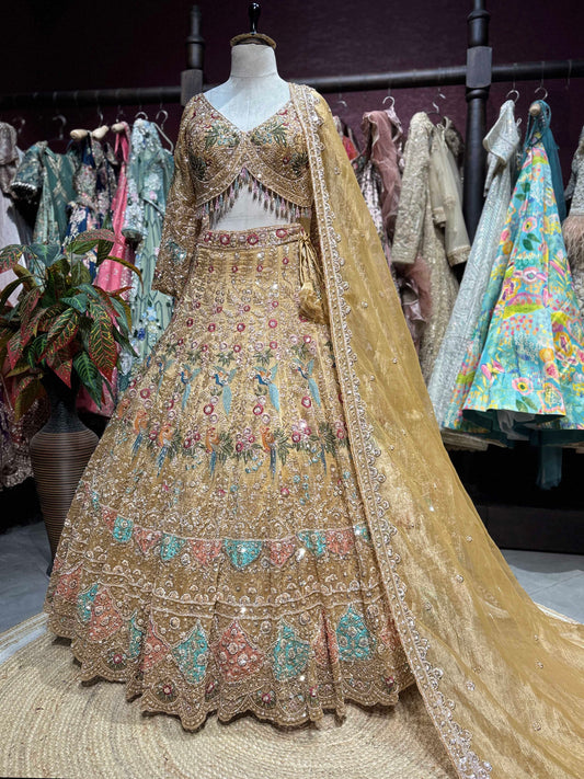 Antique Gold Peacock Embroidered Non Bridal Lehenga Set