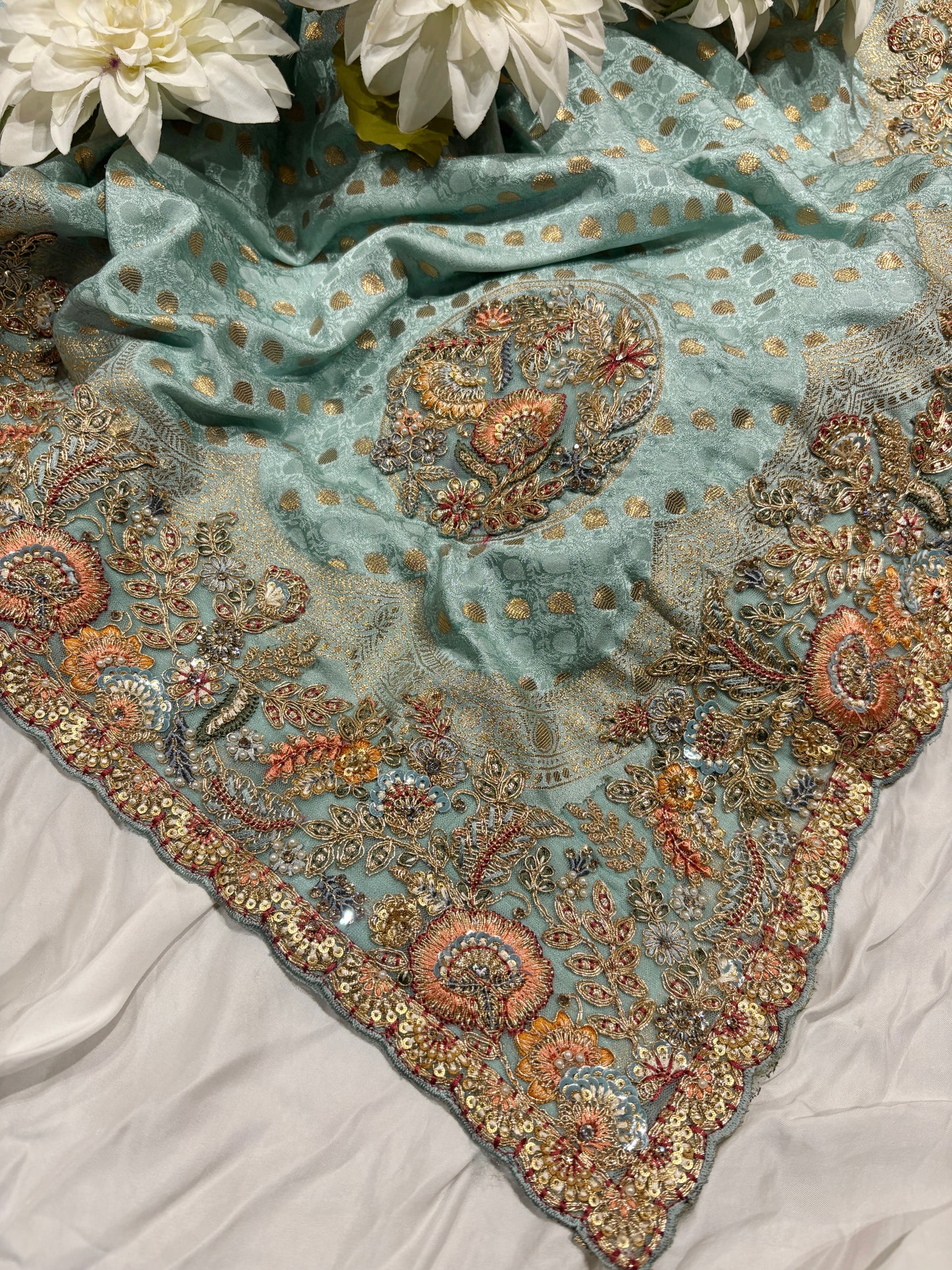 Sea Green Zari Embroidered Designer Silk Saree with Heavy Border