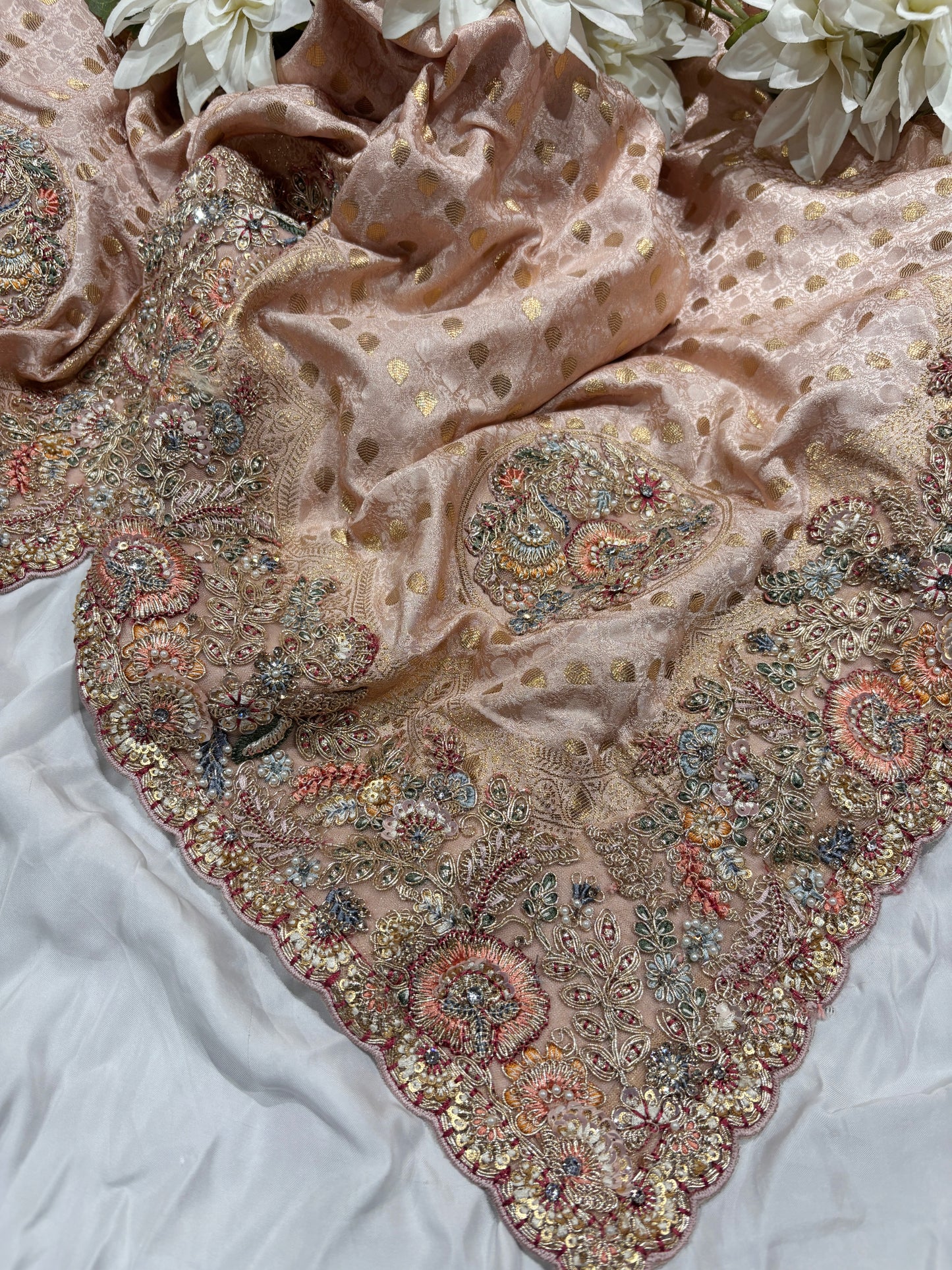 Peach Zari Embroidered Designer Silk Saree with Heavy Border