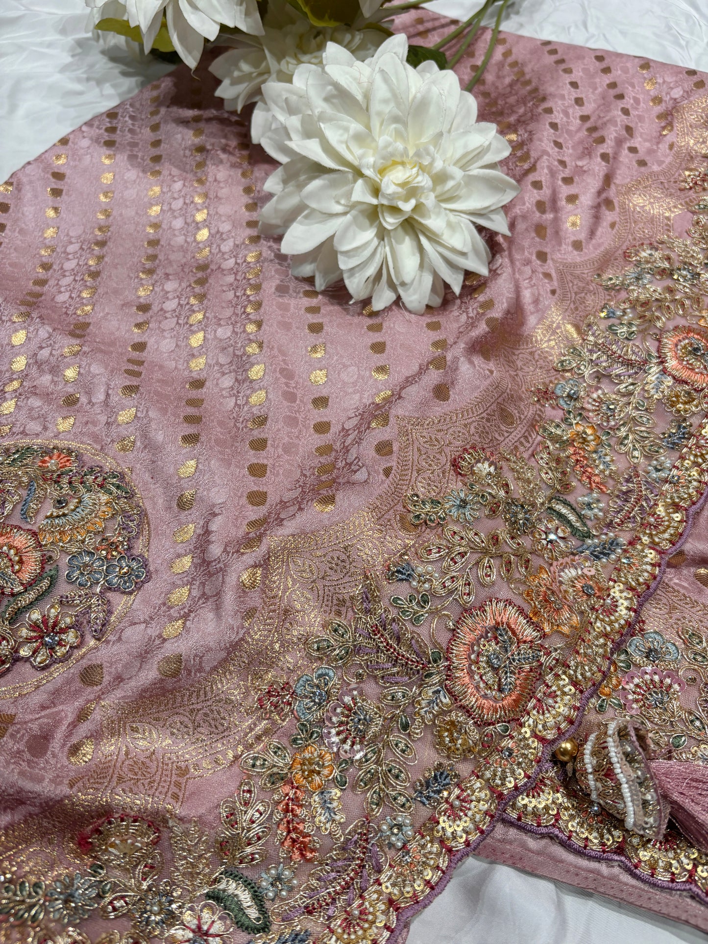 Pink Zari Embroidered Designer Silk Saree with Heavy Border