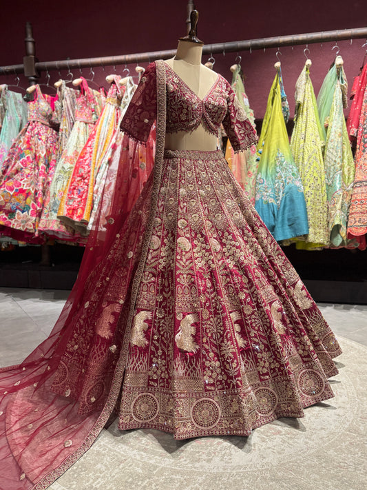 Wine Red Heavy Zari Embroidered Bridal Lehenga with Net Dupatta