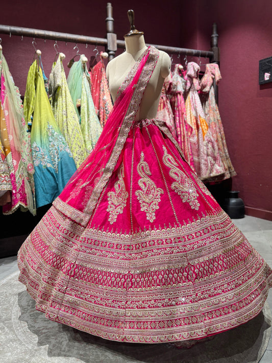Rani Pink Unstitched Bridal Lehenga with Heavy Zari Embroidery