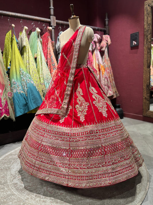 Red Unstitched Bridal Lehenga with Heavy Zari Embroidery