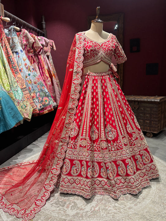 Designer Red Heavy Zari Embroidered Bridal Lehenga with Net Dupatta