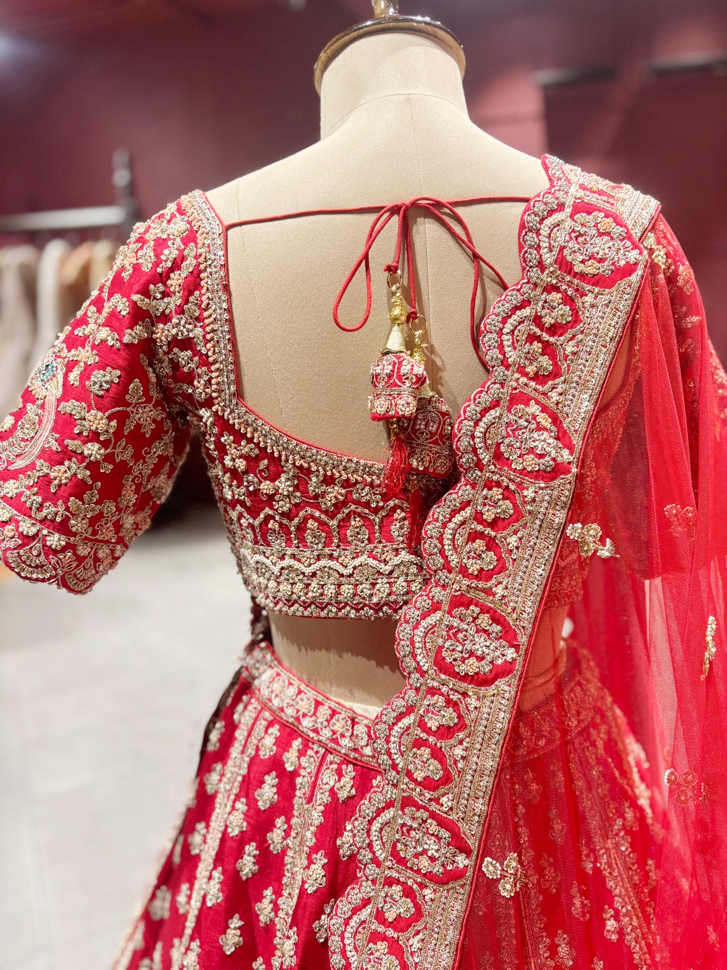 Designer Red Heavy Zari Embroidered Bridal Lehenga with Net Dupatta