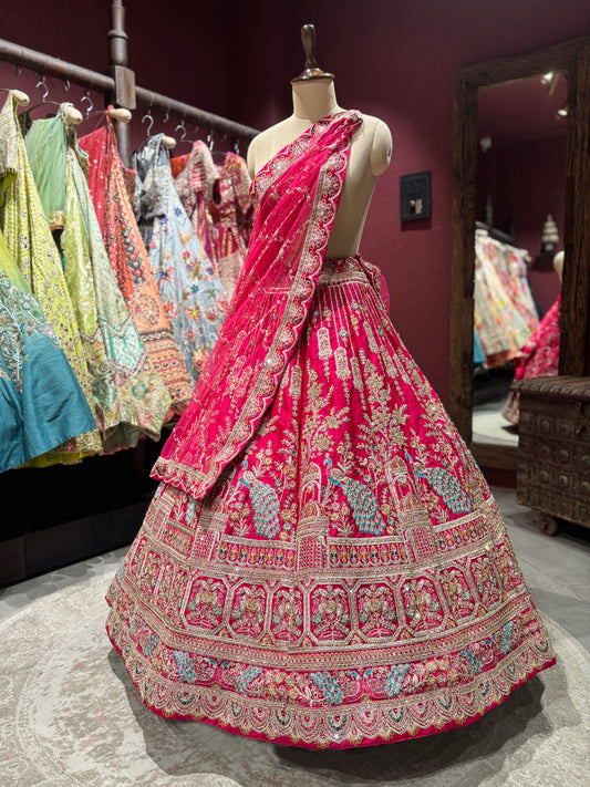 Rani Pink Unstitched Bridal Lehenga with Peacock Zari Embroidery