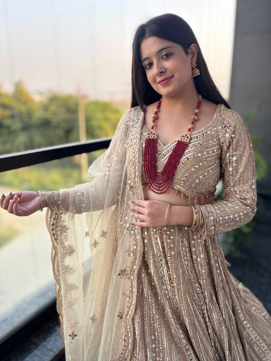 Champagne Gold Sequin Lehenga with Floral Embroidered Dupatta