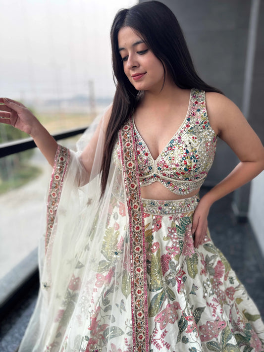 Bloom V-Neck Lehenga Set in Floral Printed Embroidered Borders