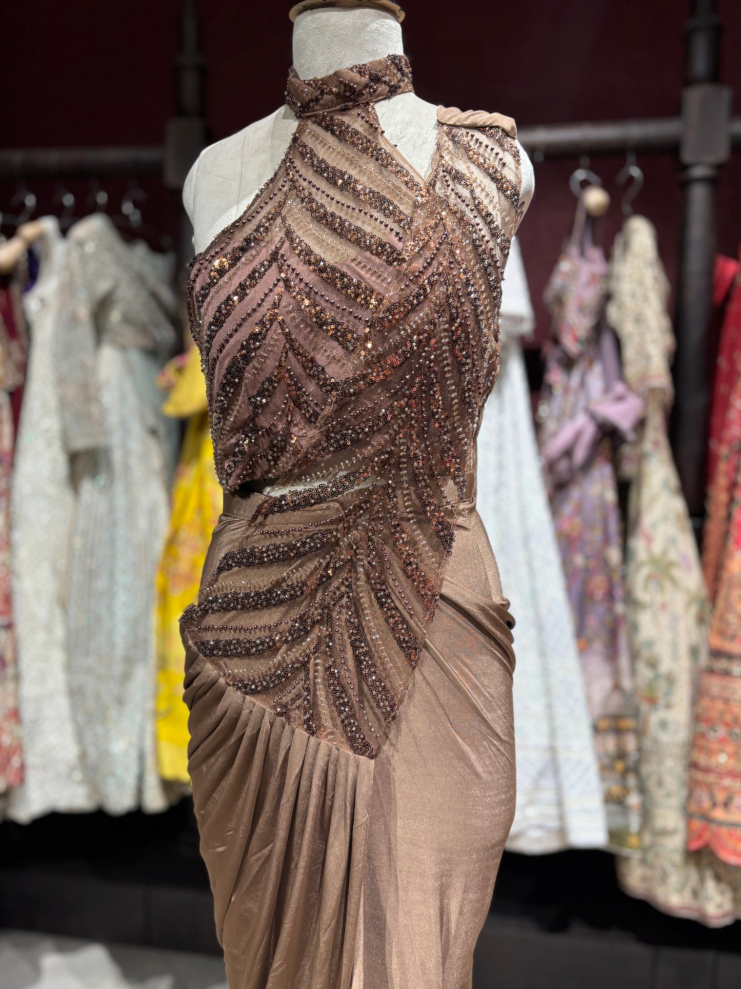 Mocha Brown Drape Saree with High-Neck Sequin Embellished Blouse