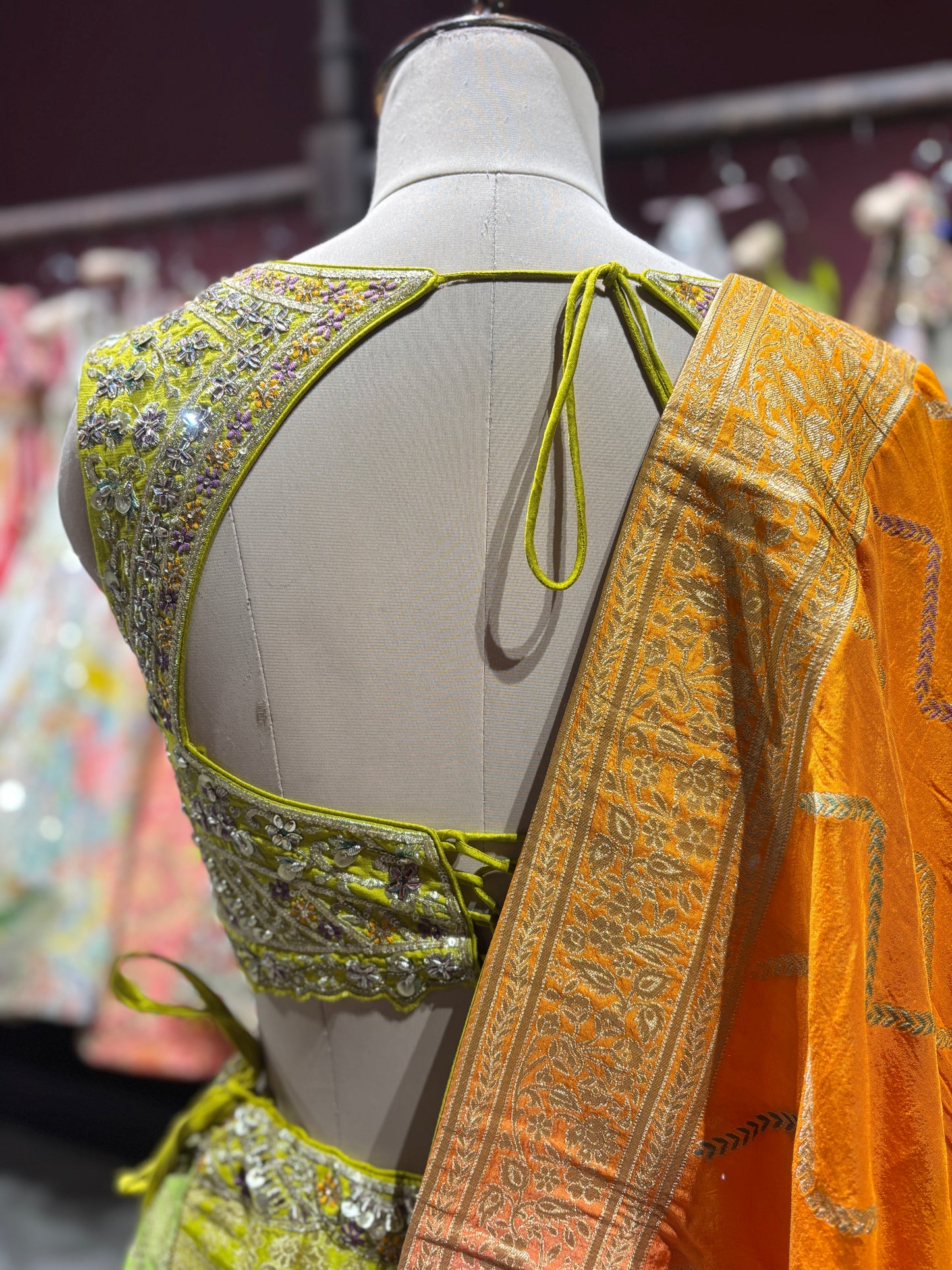 Lime Yellow & Orange Banarasi Silk Lehenga with Designer Dupatta