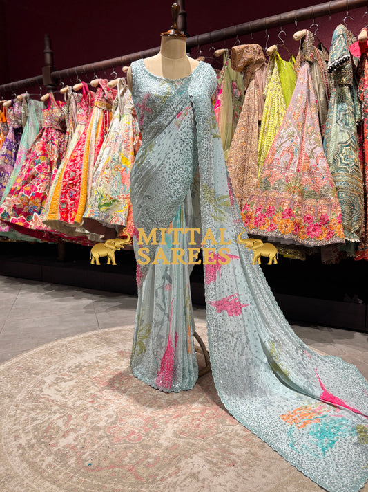 Designer Floral Sequin Embroidered Party Wear Saree