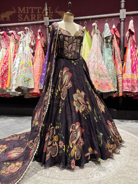 Black Floral Printed Designer Lehenga with Dupatta