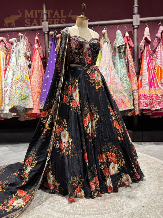 Black Floral Printed Party Wear Lehenga Set