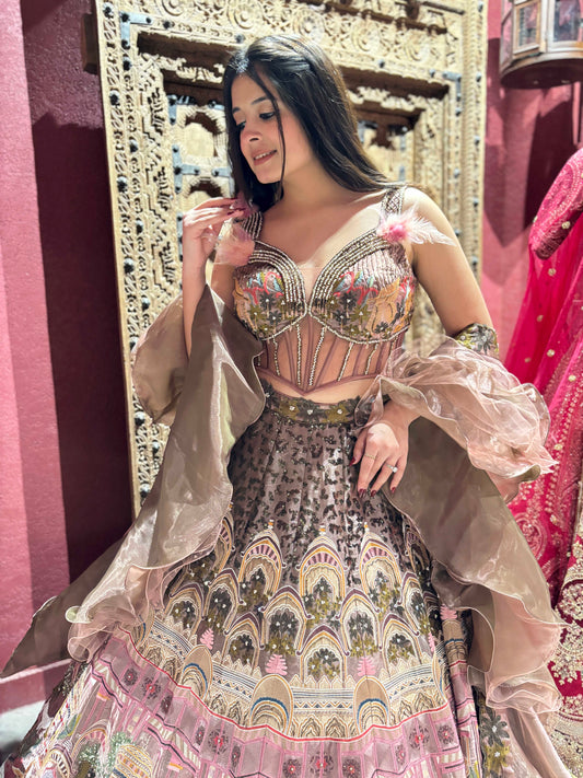 Grand Lehenga in Multicolor with Beaded Blouse & Ruffled Dupatta