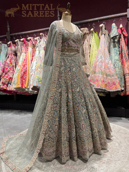 Dusty Sage Heavy Embroidered Bridal Lehenga Set
