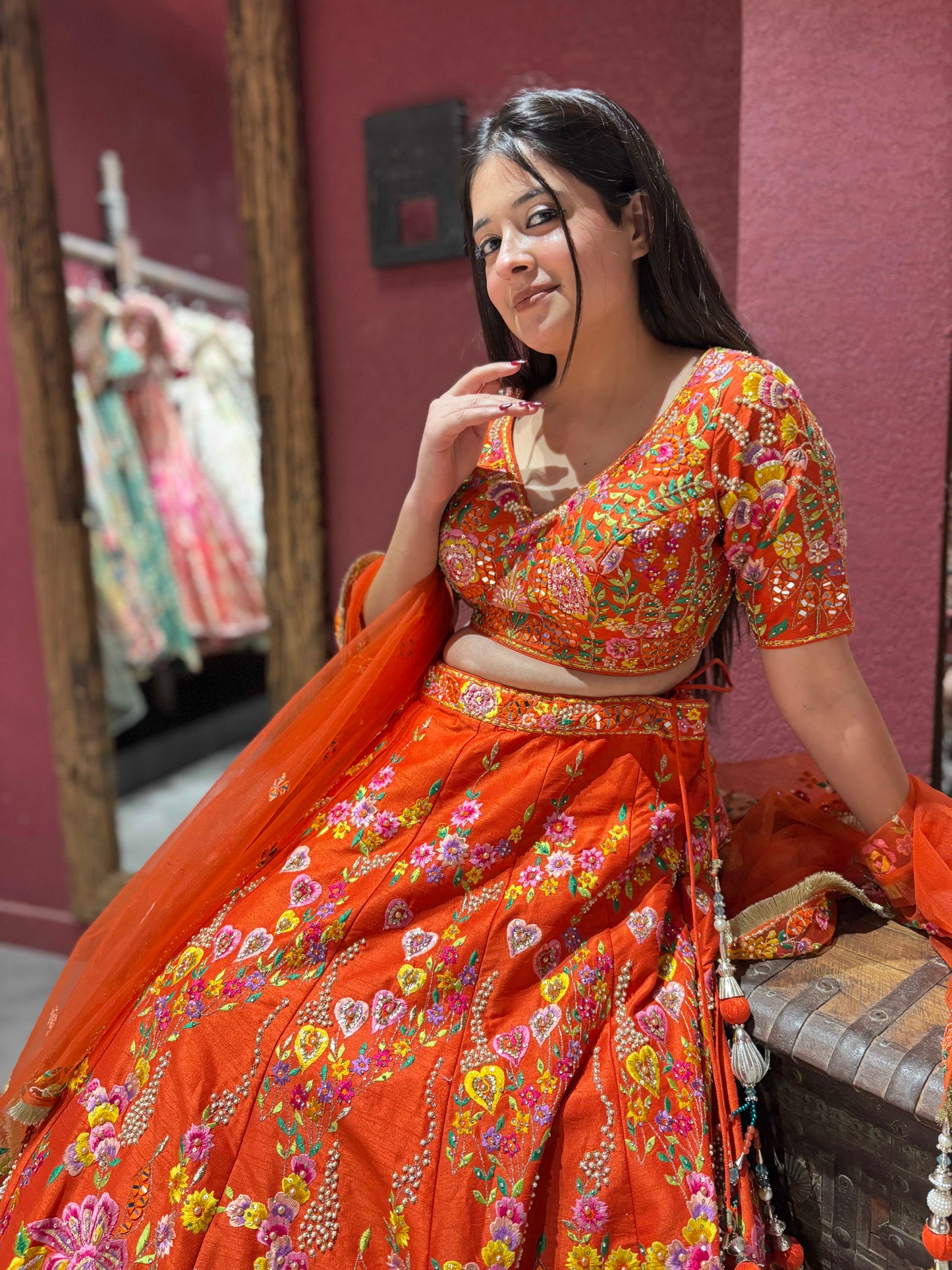 Orange Colour Designer Lehenga with Pearl & Multi Resham Work