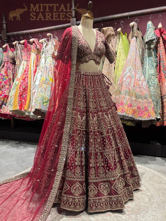 Maroon Heavy Zari Embroidered Bridal Lehenga Set