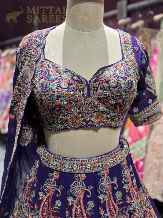 Deep Purple Heavy Embroidered Bridal Lehenga