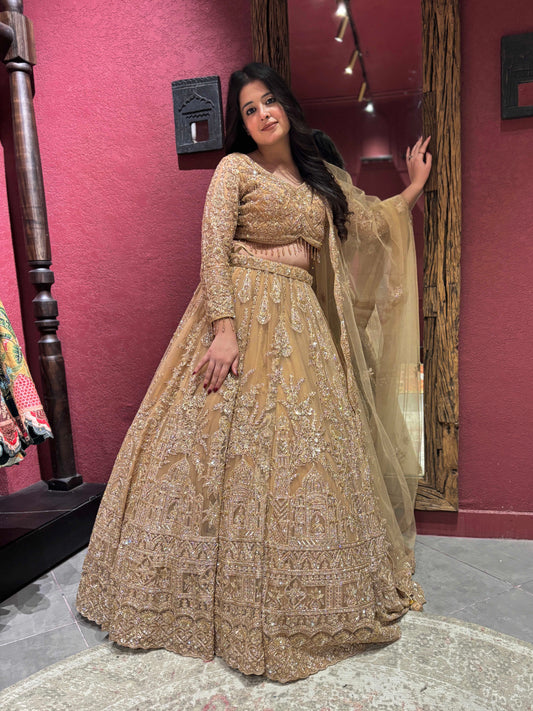 Champagne Gold Lehenga Set with Zari Beadwork & Floral Motifs