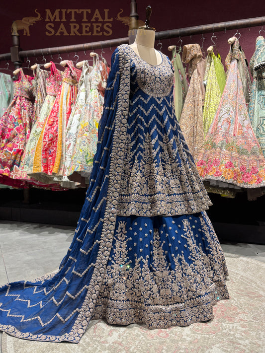 Navy Blue Heavy Embroidered Bridal Lehenga