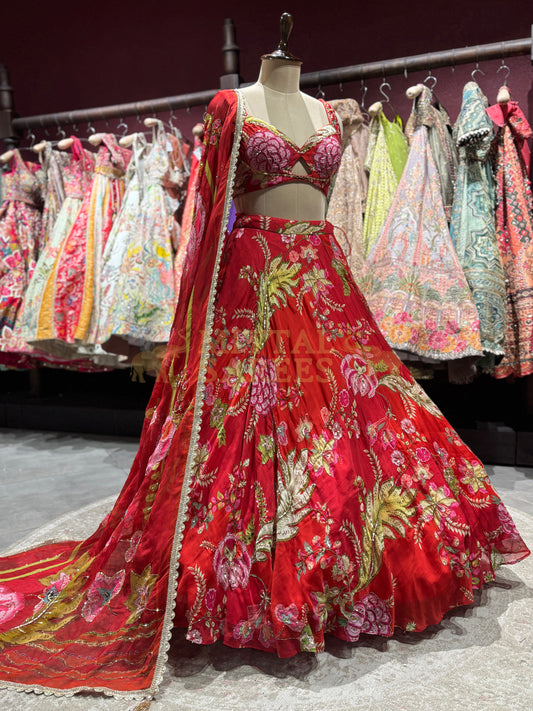 Red Floral Printed Designer Lehenga