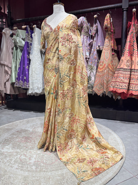 Golden Designer Saree with Floral Embroidery & Sequin Detailing