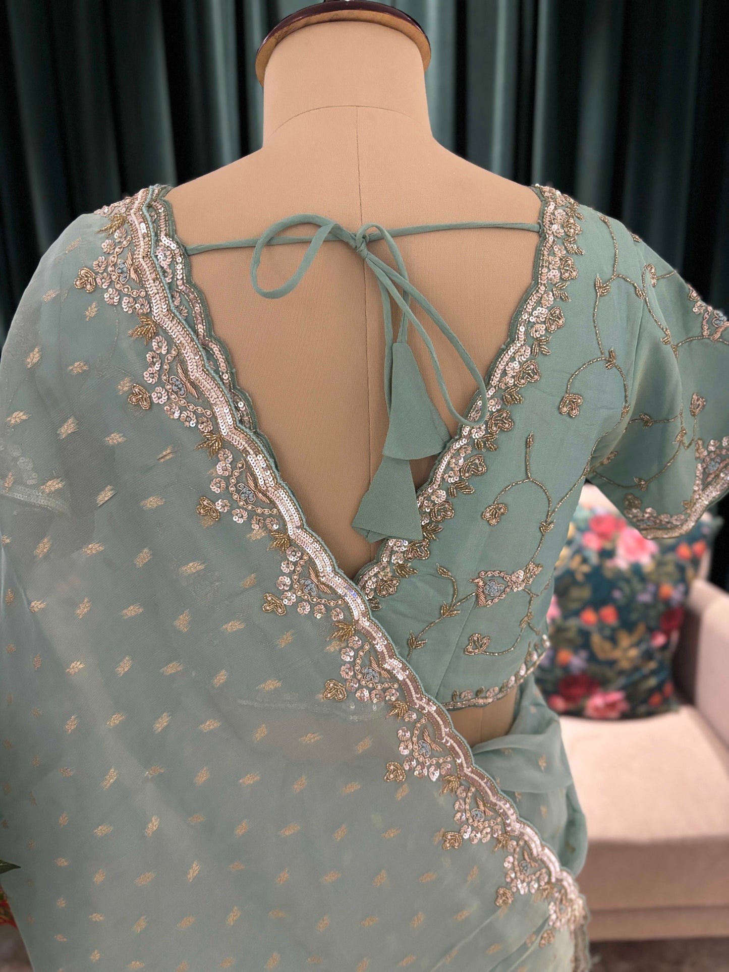 Sea Green Embroidered Saree With Sequin Border Party Wear