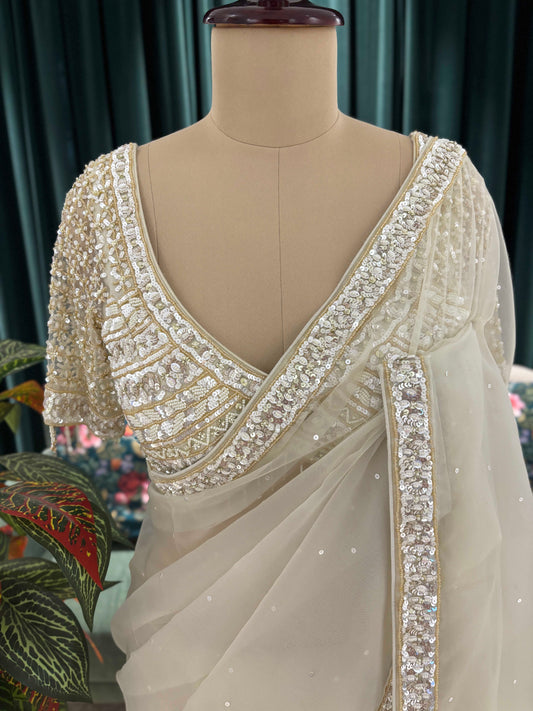 Ivory Embroidered Saree with Heavy Work Blouse