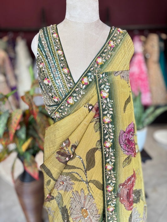 Mustard Yellow Floral Designer Saree with Green Embellished Border
